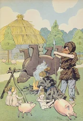 Une famille gauloise cuisinant un ours, illustration de 